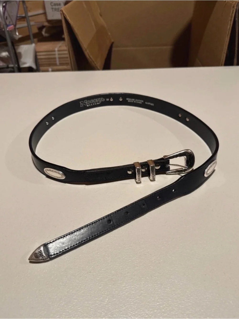 Slim Black Leather Belt with Silver Accents
